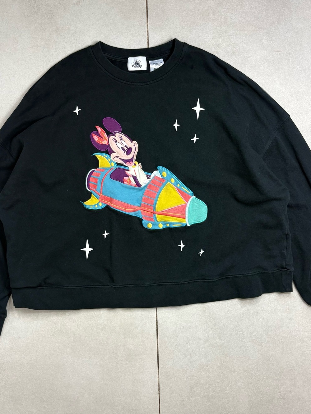 Disney Black Graphic Crewneck Sweater with Colorful Rocket Motif